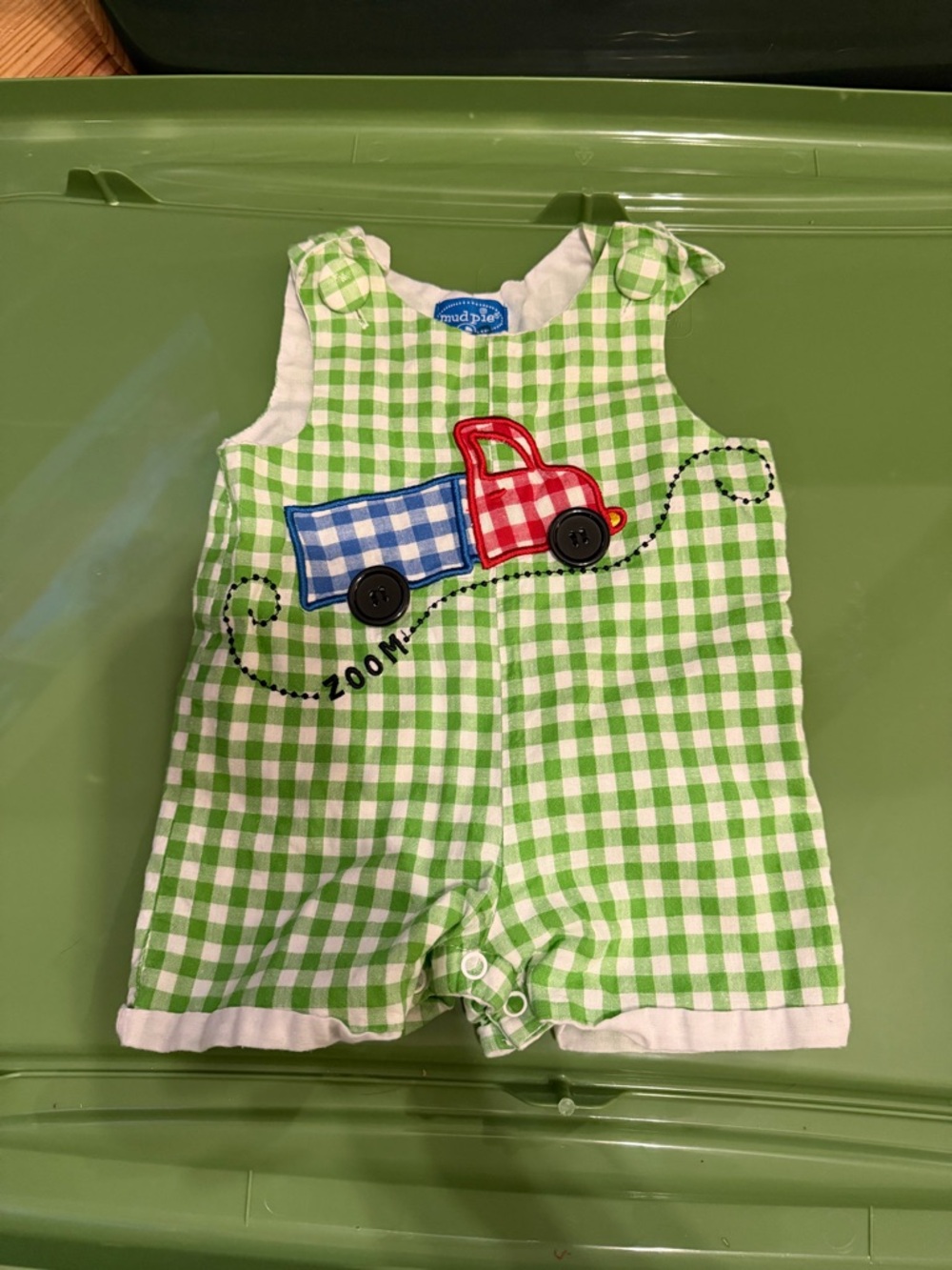 Mud Pie Green and White Gingham Romper with Red & Blue Truck